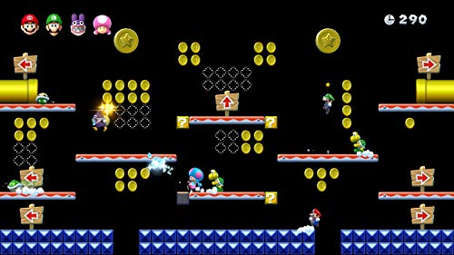Gameplay screenshot of Super Mario Bros U Deluxe Switch showing multiple characters collecting coins on a platform level