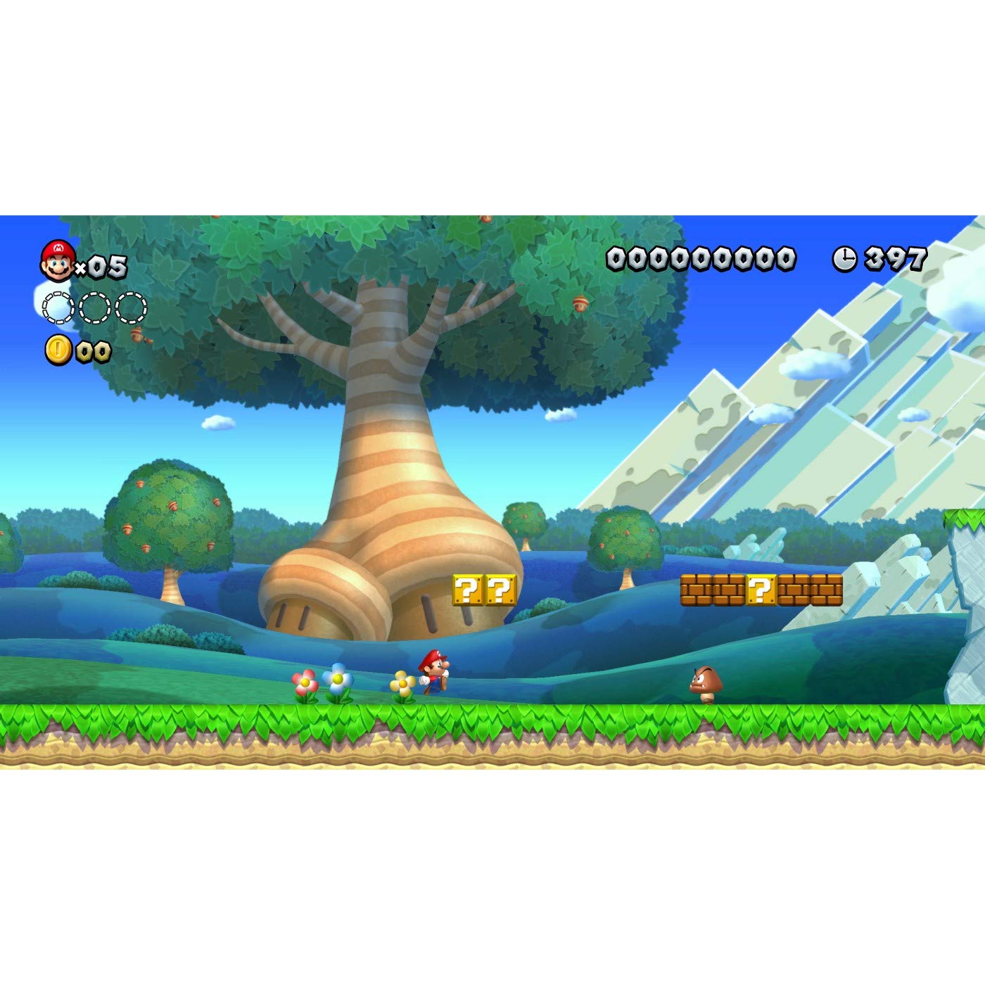 Gameplay screenshot of Super Mario Bros U Deluxe Switch showing Mario running in a colorful forest level