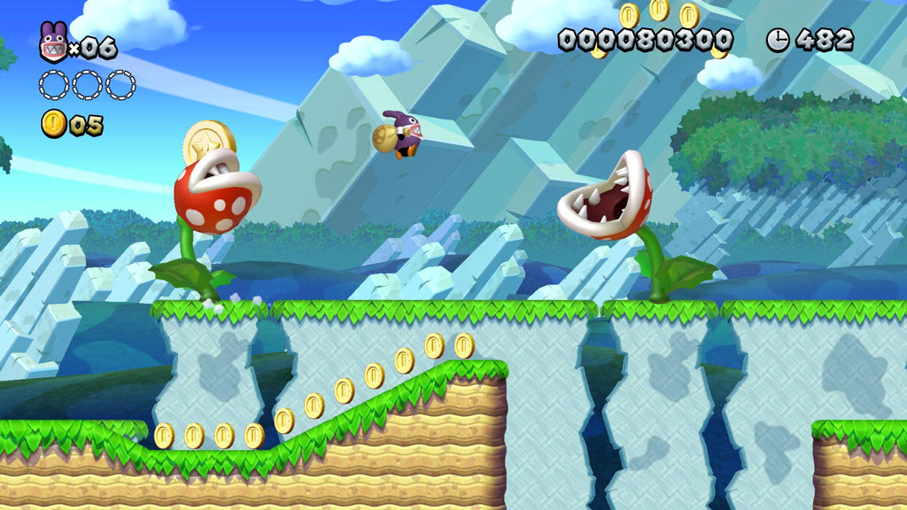 Gameplay scene from Super Mario Bros U Deluxe Switch showing character jumping over piranha plants and collecting coins