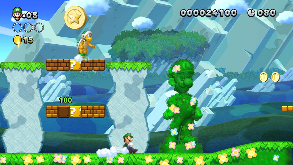 Screenshot of colorful gameplay from Super Mario Bros U Deluxe Switch showing Luigi and game environment