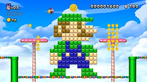 Super Mario Bros U Deluxe Switch gameplay showing pixel art Mario made of colored blocks with coins and blue sky background