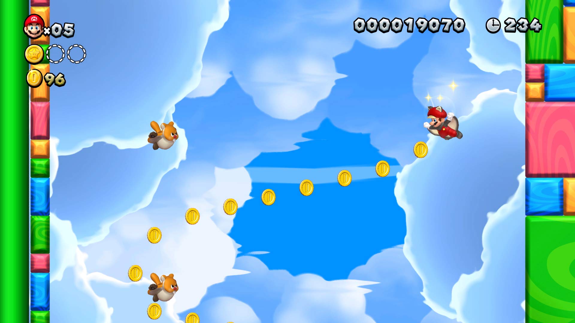 Gameplay screenshot from Super Mario Bros U Deluxe Switch showing Mario flying through the sky collecting coins