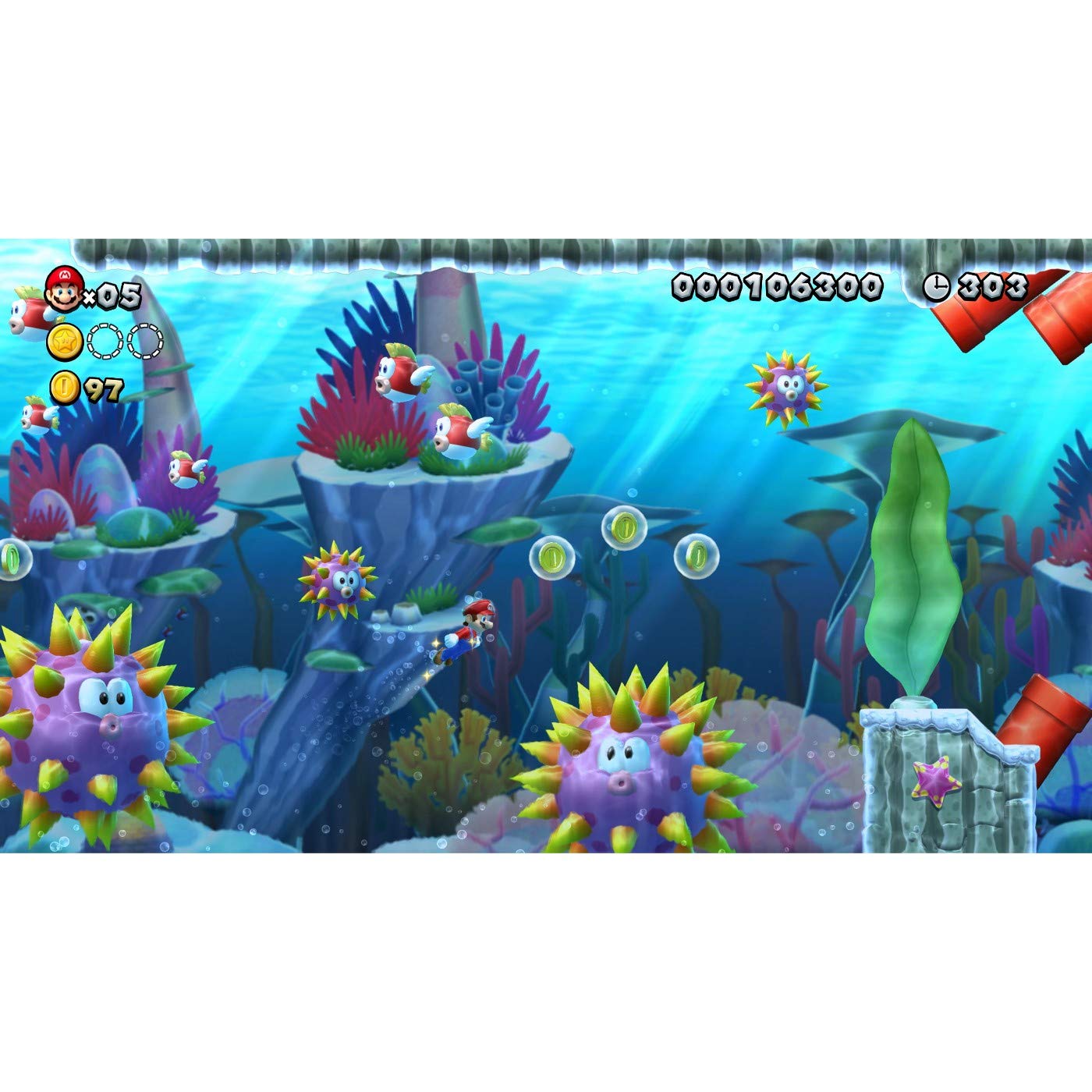 Underwater level gameplay in Super Mario Bros U Deluxe Switch showing Mario collecting coins and avoiding enemies