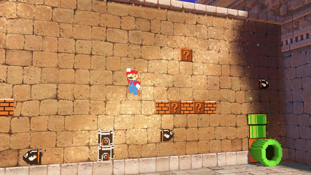 Super Mario Odyssey Nintendo Switch gameplay with Mario jumping near question blocks and bullet bills