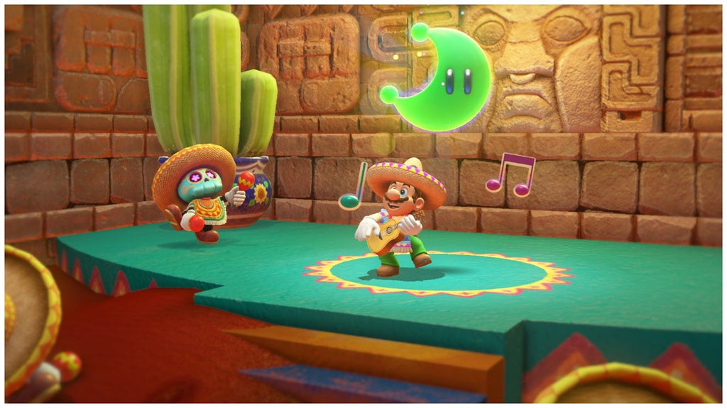 Super Mario Odyssey Nintendo Switch gameplay scene with Mario and characters in sombrero playing guitar