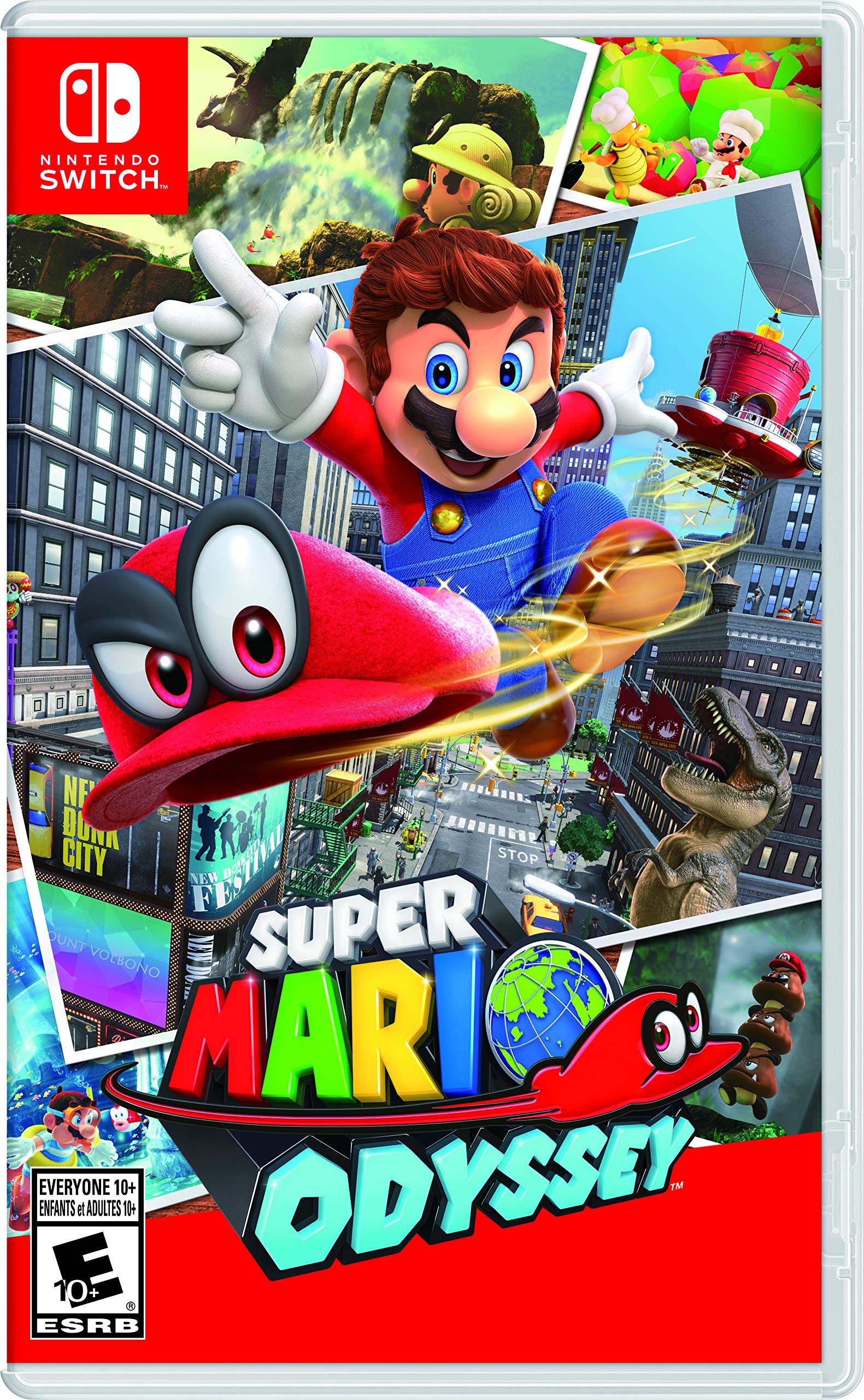 Super Mario Odyssey Nintendo Switch game cover featuring Mario and Cappy in an adventurous cityscape