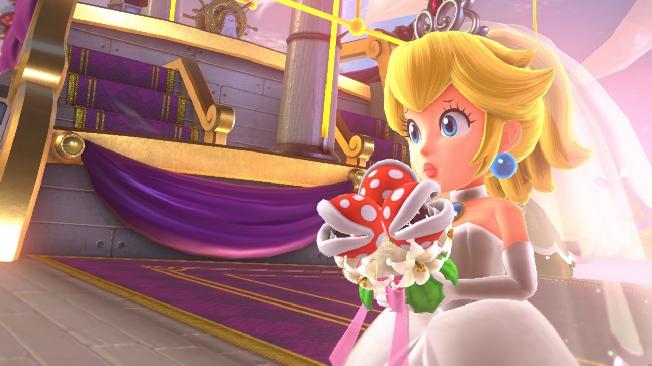 Princess Peach holding a piranha plant inside a castle in Super Mario Odyssey Nintendo Switch game