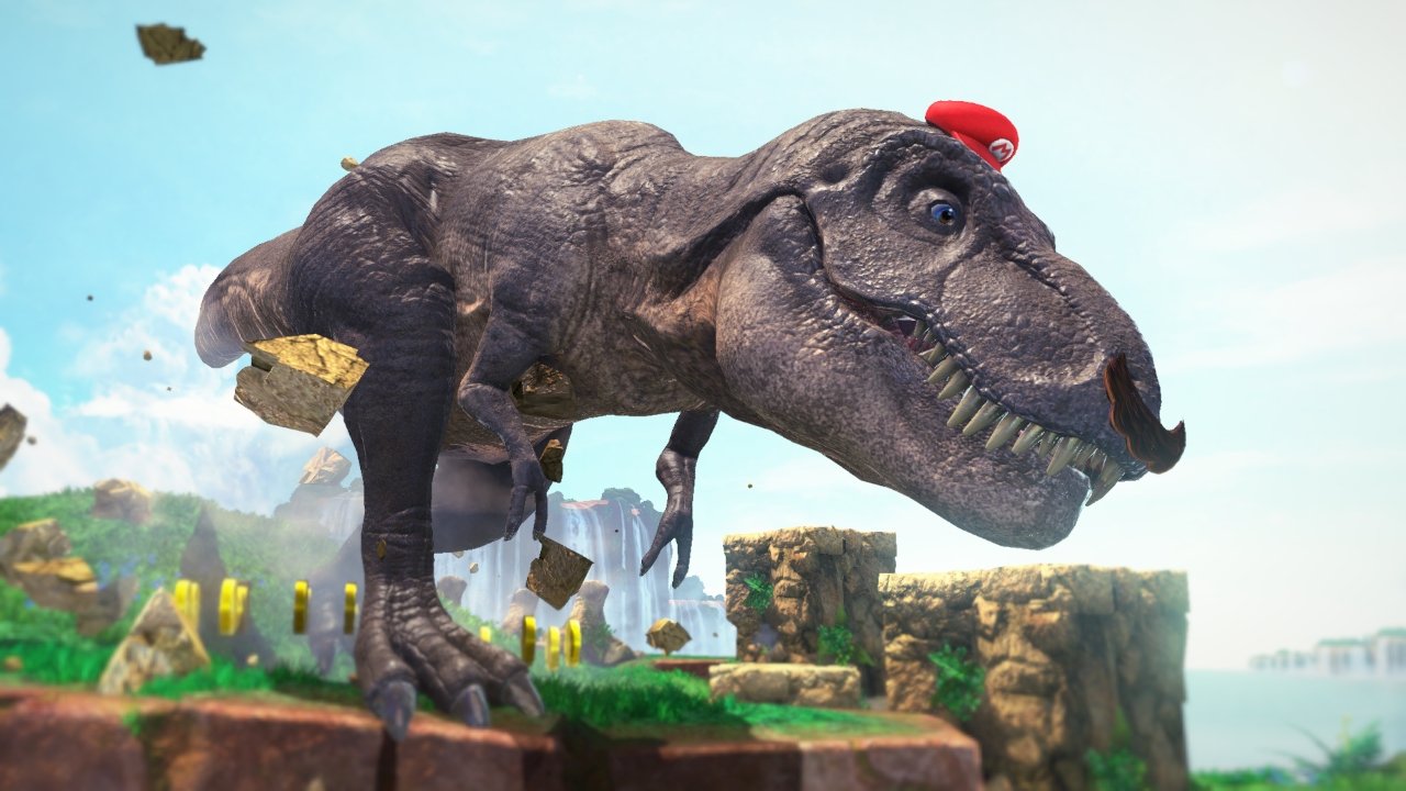 Tyrannosaurus rex with red hat in Super Mario Odyssey Nintendo Switch game scene with coins and rocky terrain