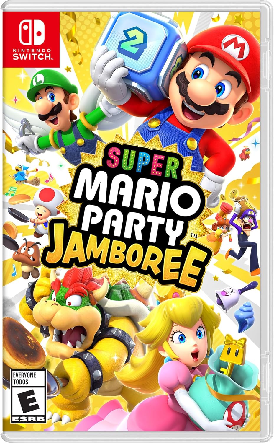 Super Mario Party Jamboree Nintendo Switch game cover featuring Mario, Luigi, Peach, and Bowser