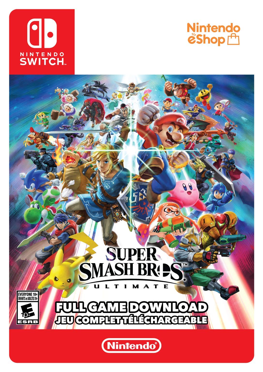 Super Smash Bros Ultimate Nintendo Switch full game download cover featuring popular characters and Nintendo branding