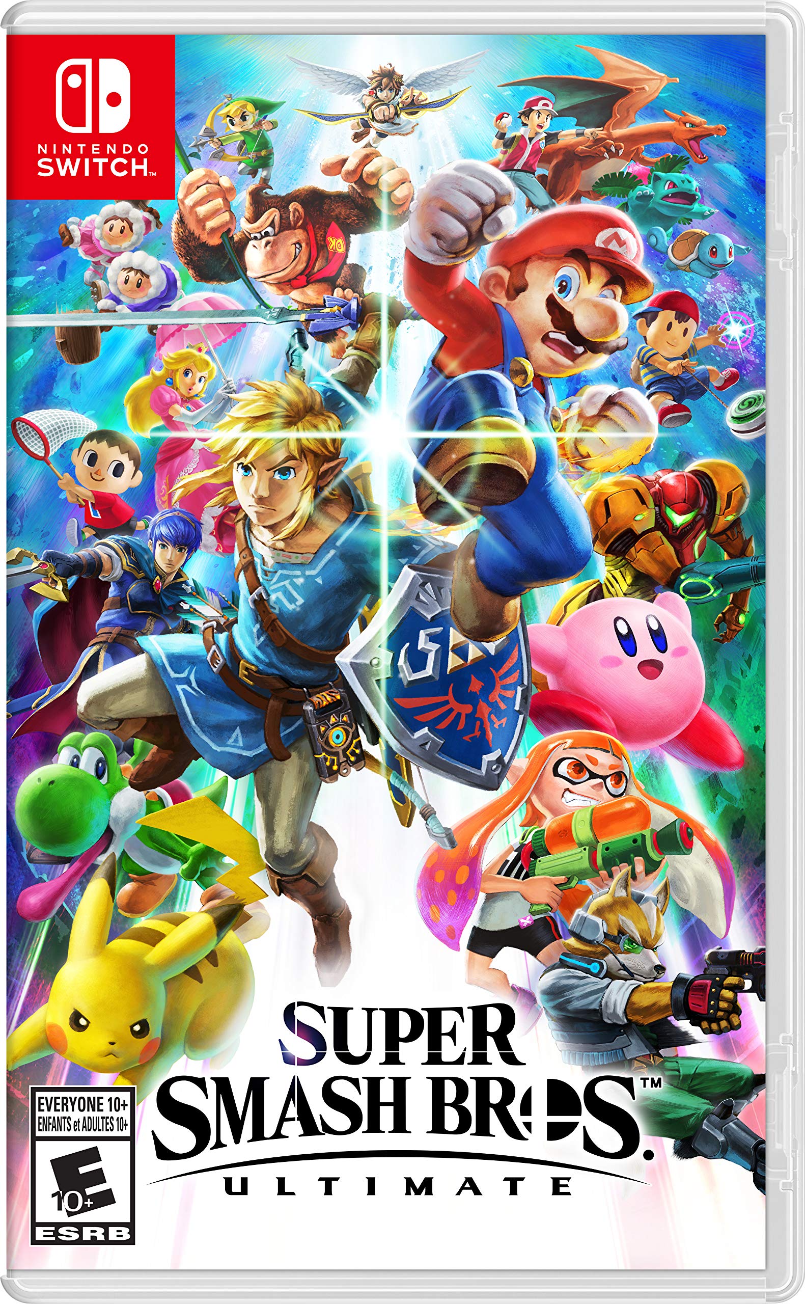 Super Smash Bros Ultimate Nintendo Switch game cover featuring multiple iconic Nintendo characters in action