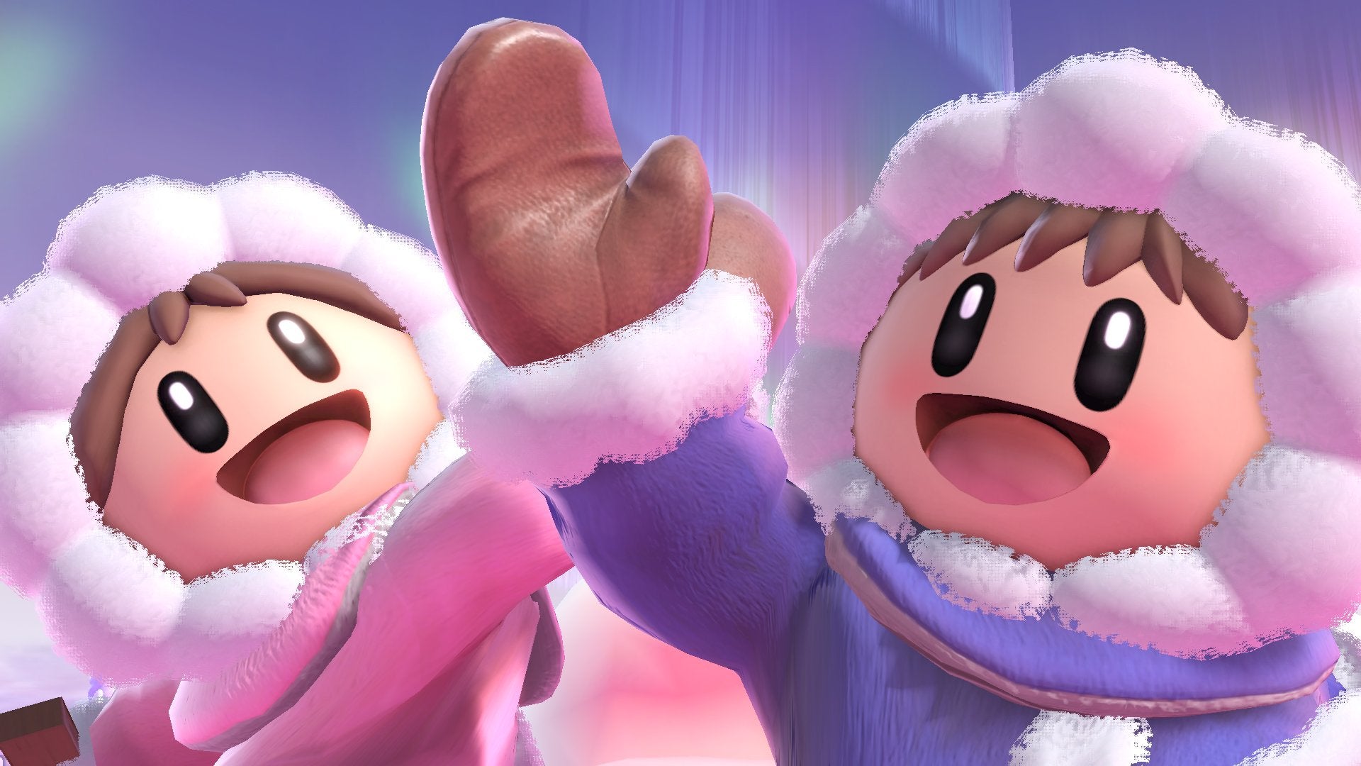 Super Smash Bros Ultimate Nintendo Switch featuring Ice Climbers characters in winter outfits high-fiving