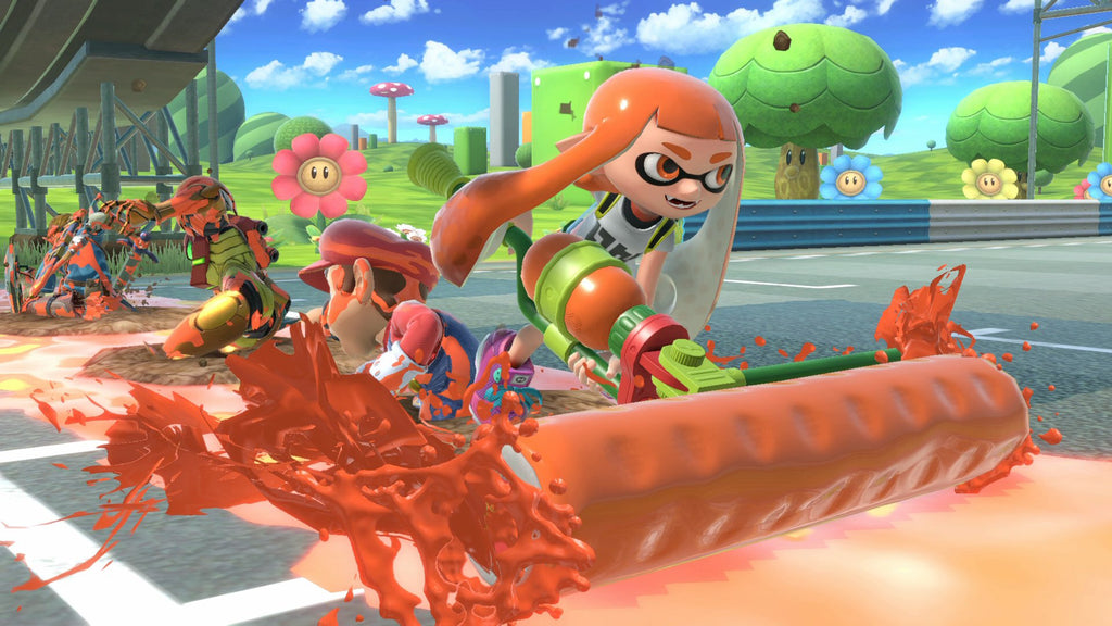 Super Smash Bros Ultimate Nintendo Switch gameplay showing characters in a colorful battle scene