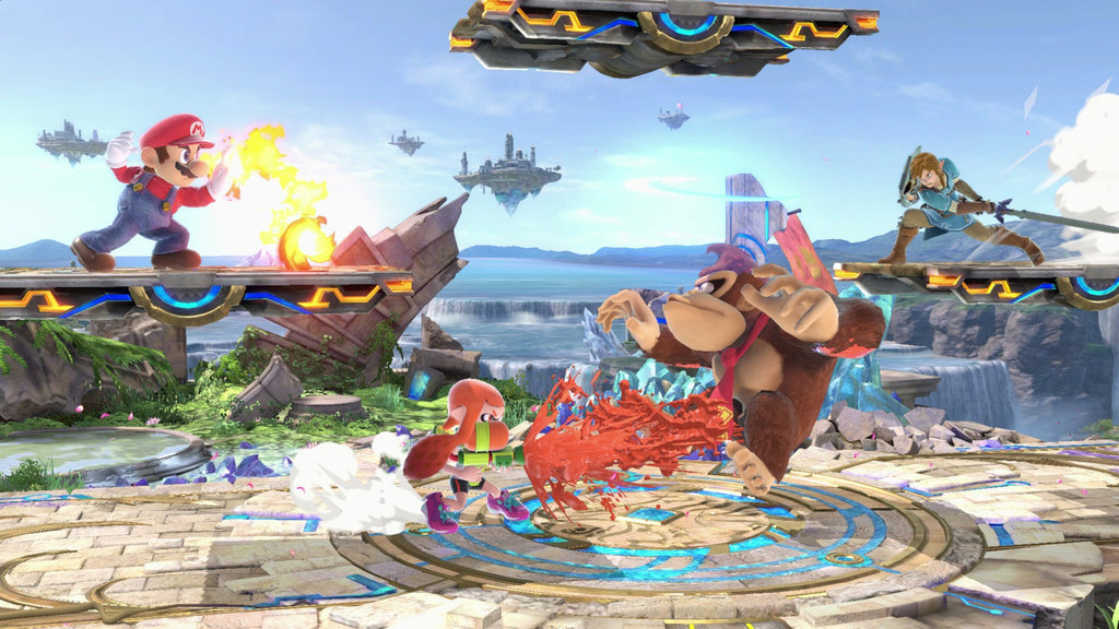 Super Smash Bros Ultimate Nintendo Switch gameplay showing Mario, Donkey Kong, Link, and Inkling battling on a stone platform