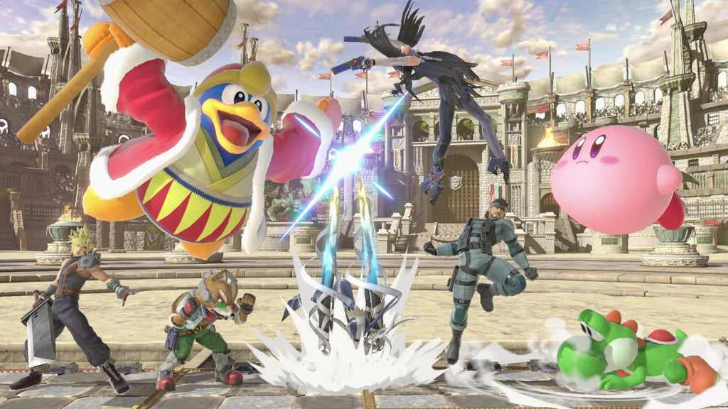 Super Smash Bros Ultimate Nintendo Switch gameplay featuring multiple iconic characters in a stadium battle scene