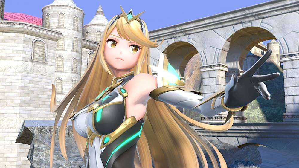 Super Smash Bros Ultimate Nintendo Switch character with long blonde hair and futuristic armor in a castle setting