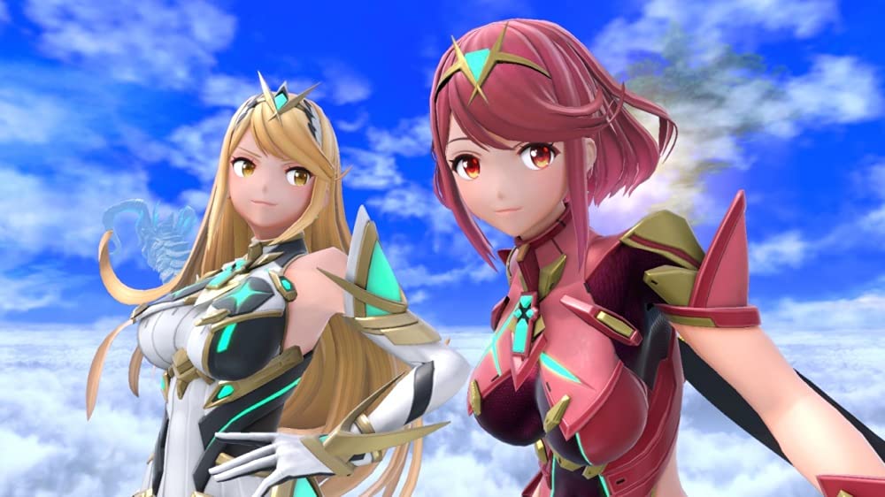 Super Smash Bros Ultimate Nintendo Switch characters Pyra and Mythra in detailed fantasy armor with blue sky background