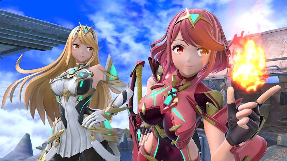 Super Smash Bros Ultimate Nintendo Switch characters Pyra and Mythra in a vibrant battle scene