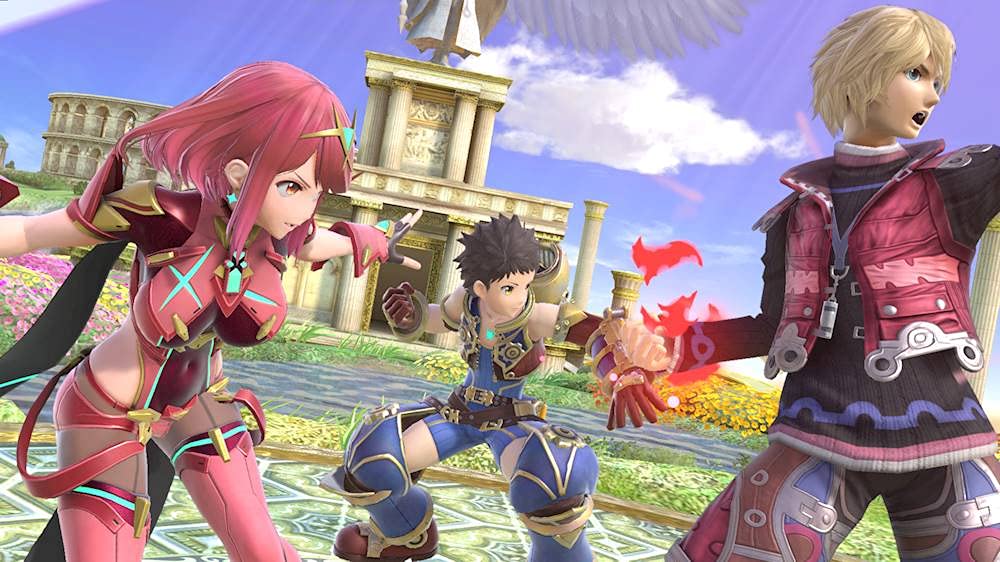 Super Smash Bros Ultimate Nintendo Switch gameplay with three characters fighting in an ancient ruins setting
