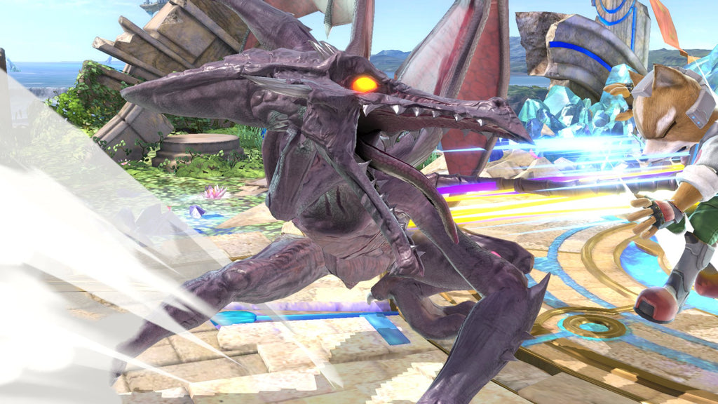 Epic battle scene from Super Smash Bros Ultimate Nintendo Switch featuring Ridley and Fox characters in action