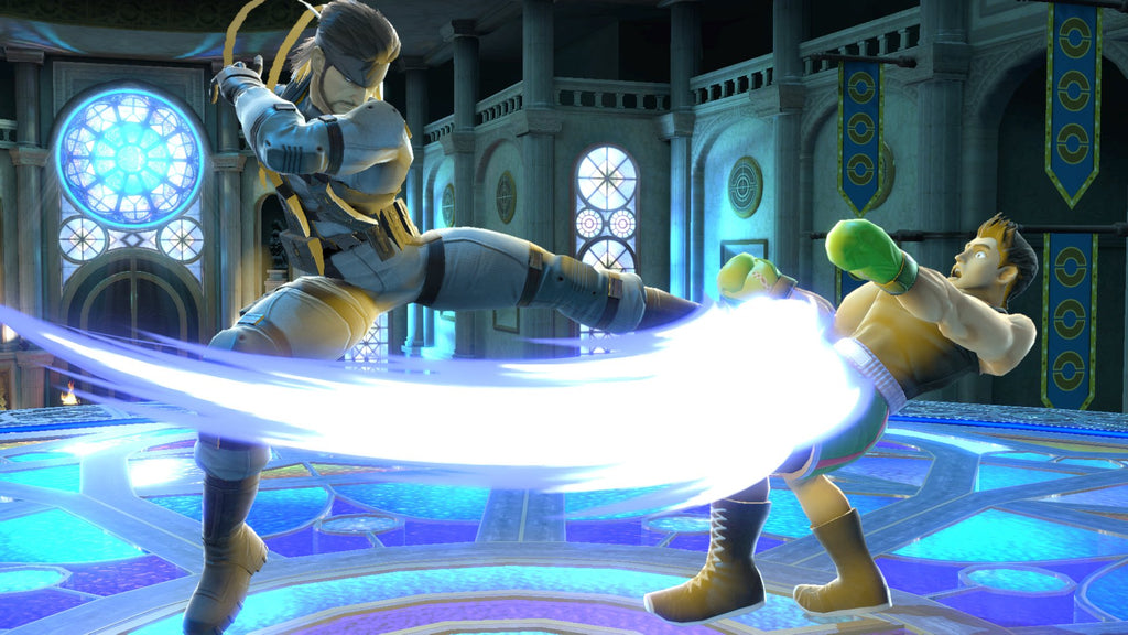 Super Smash Bros Ultimate Nintendo Switch gameplay showing two fighters battling in a detailed arena