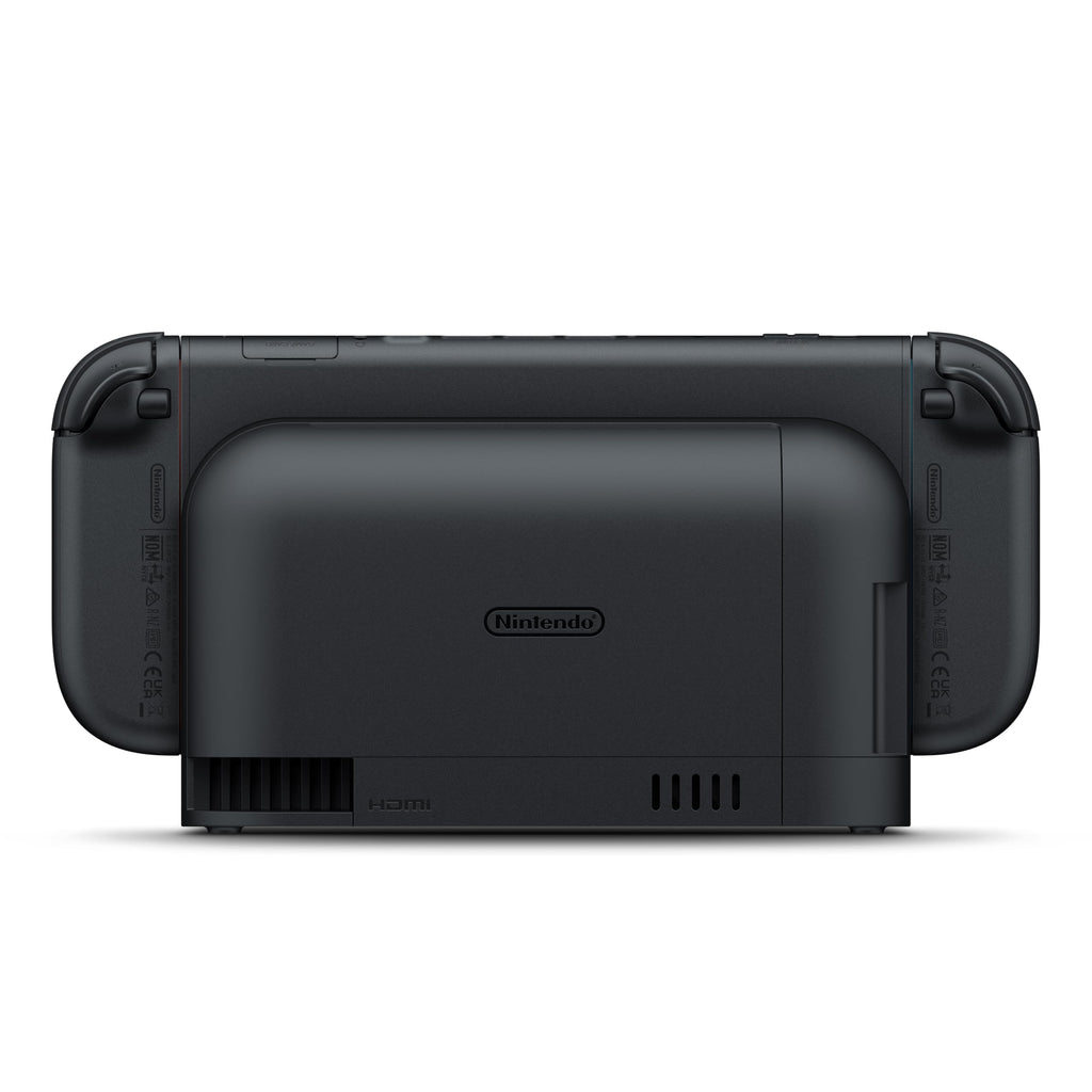 Back view of Nintendo Switch 2 console bundle in black showing vents and controllers attached