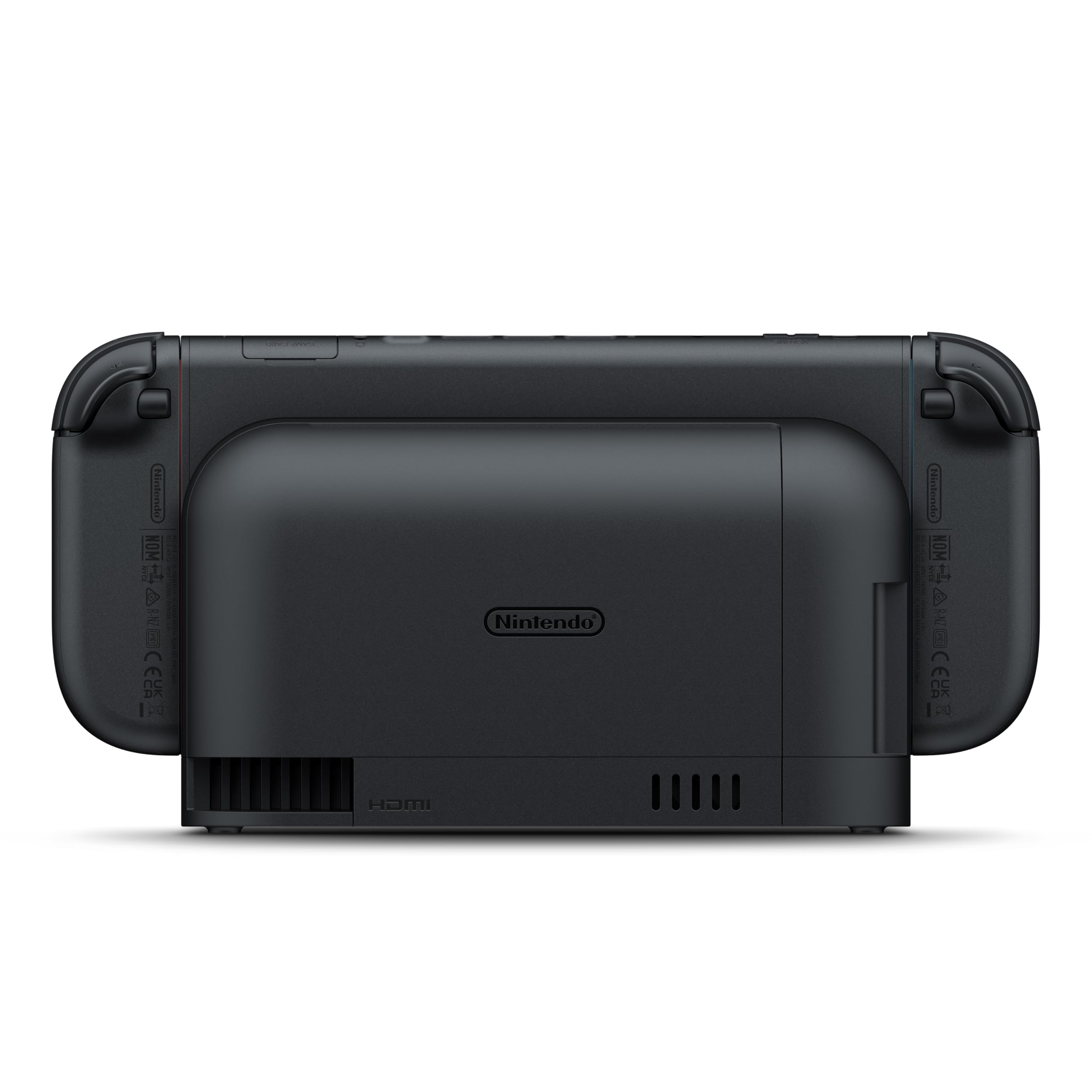 Back view of Nintendo Switch 2 console bundle in black showing vents and controllers attached