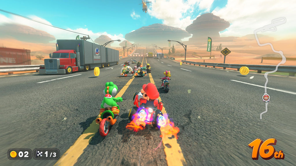 Nintendo Switch 2 console bundle gameplay showing Mario Kart racing on a desert highway track