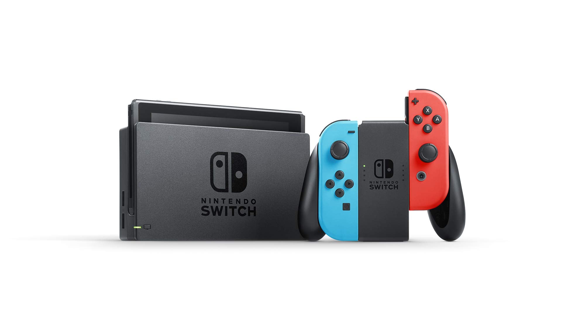 Nintendo Switch console deal showing the console with neon blue and red Joy-Con controllers and docking station