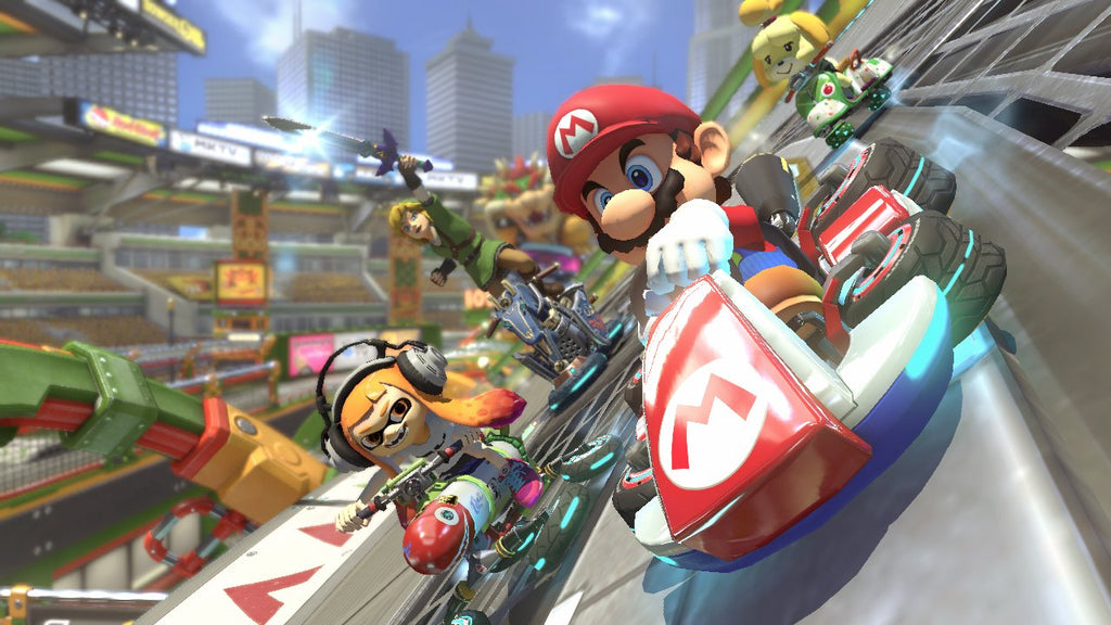 Mario Kart race featuring Mario and other characters on a dynamic track for Nintendo Switch console deal