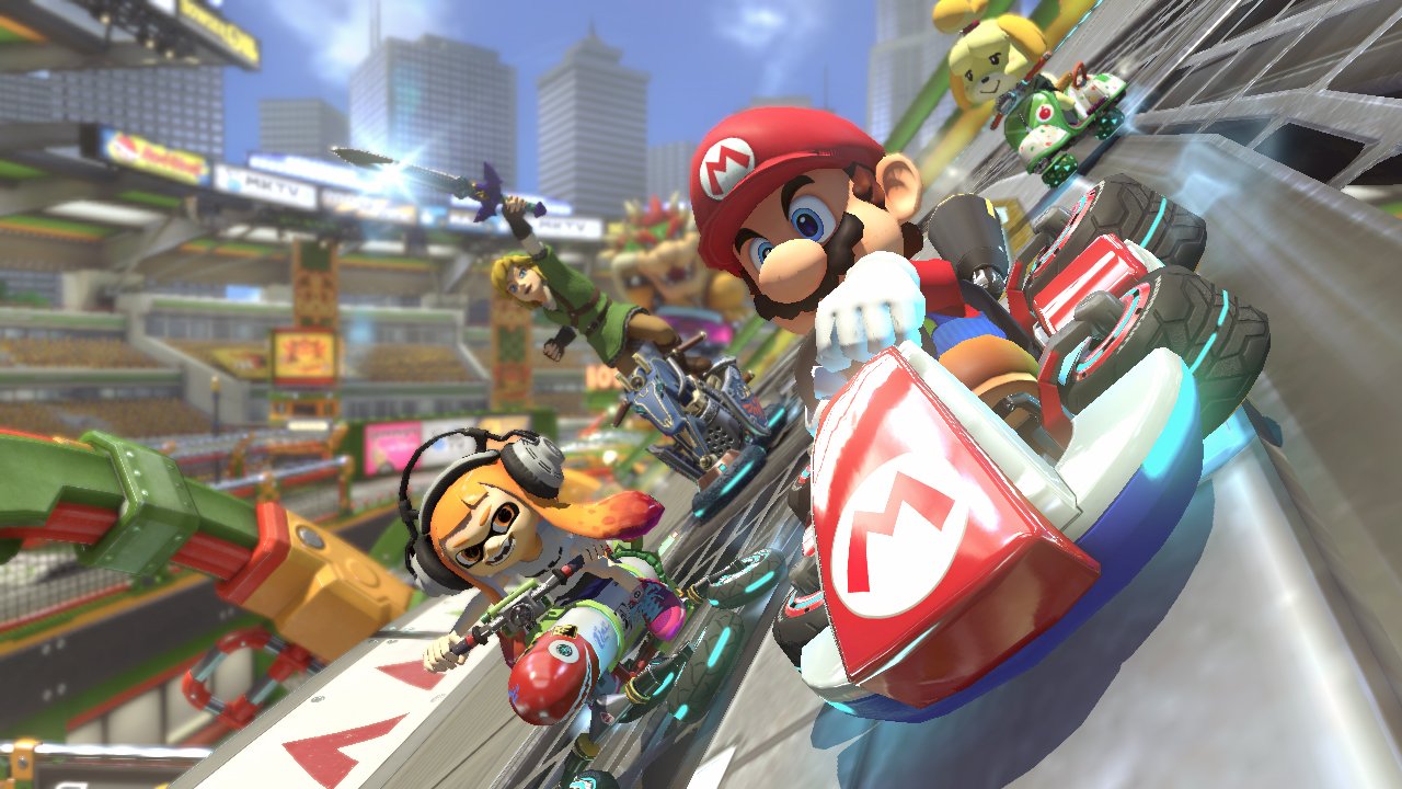 Mario Kart race featuring Mario and other characters on a dynamic track for Nintendo Switch console deal