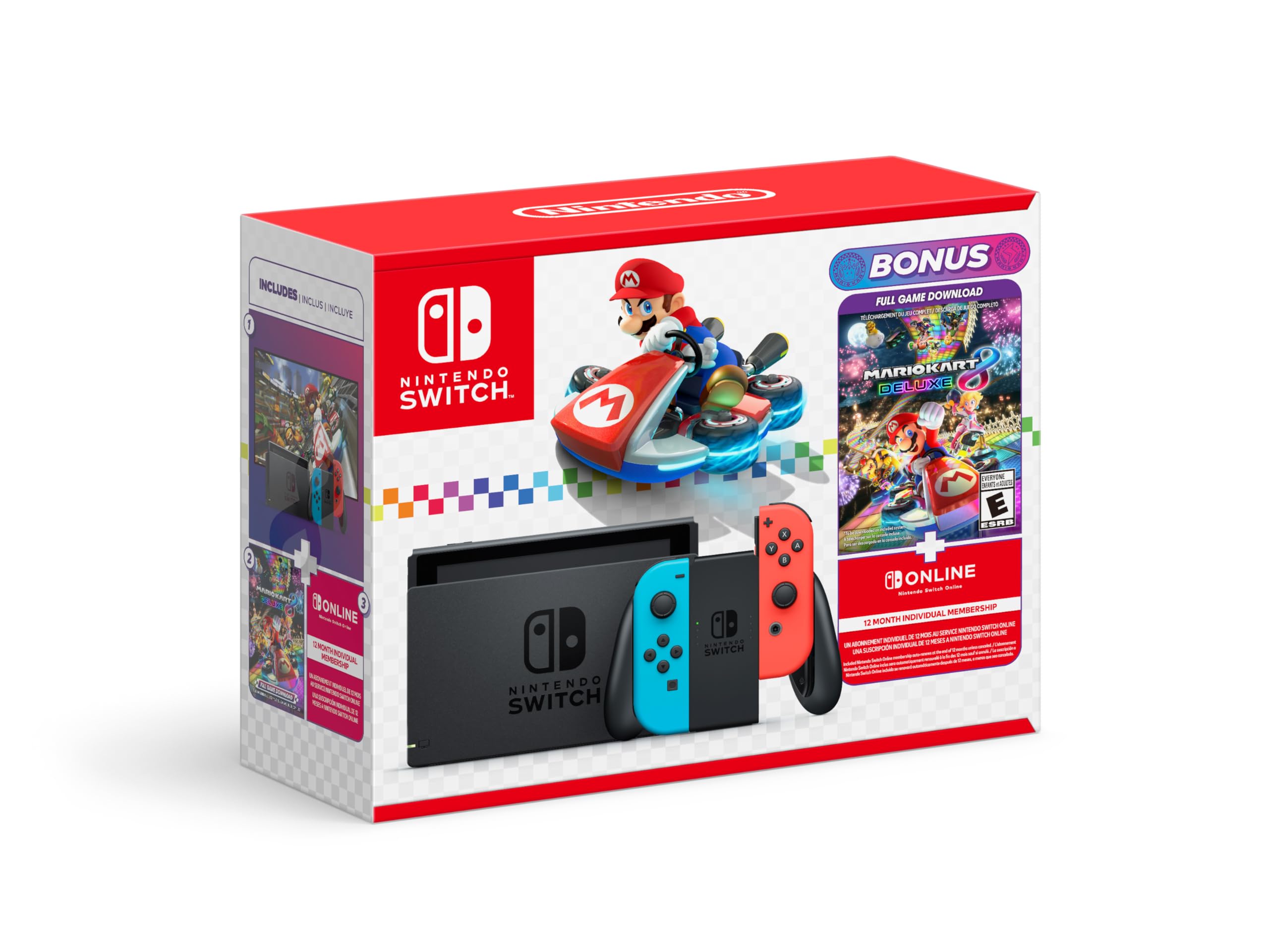 Nintendo Switch console deal with Neon Red and Blue Joy-Con controllers and Mario Kart game bonus