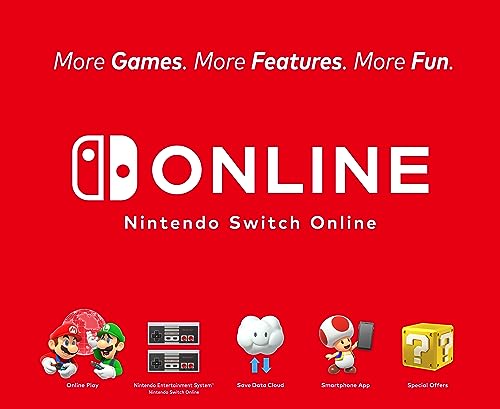 Nintendo Switch Online service logo with characters and icons highlighting games features and special offers in a Nintendo Switch console deal