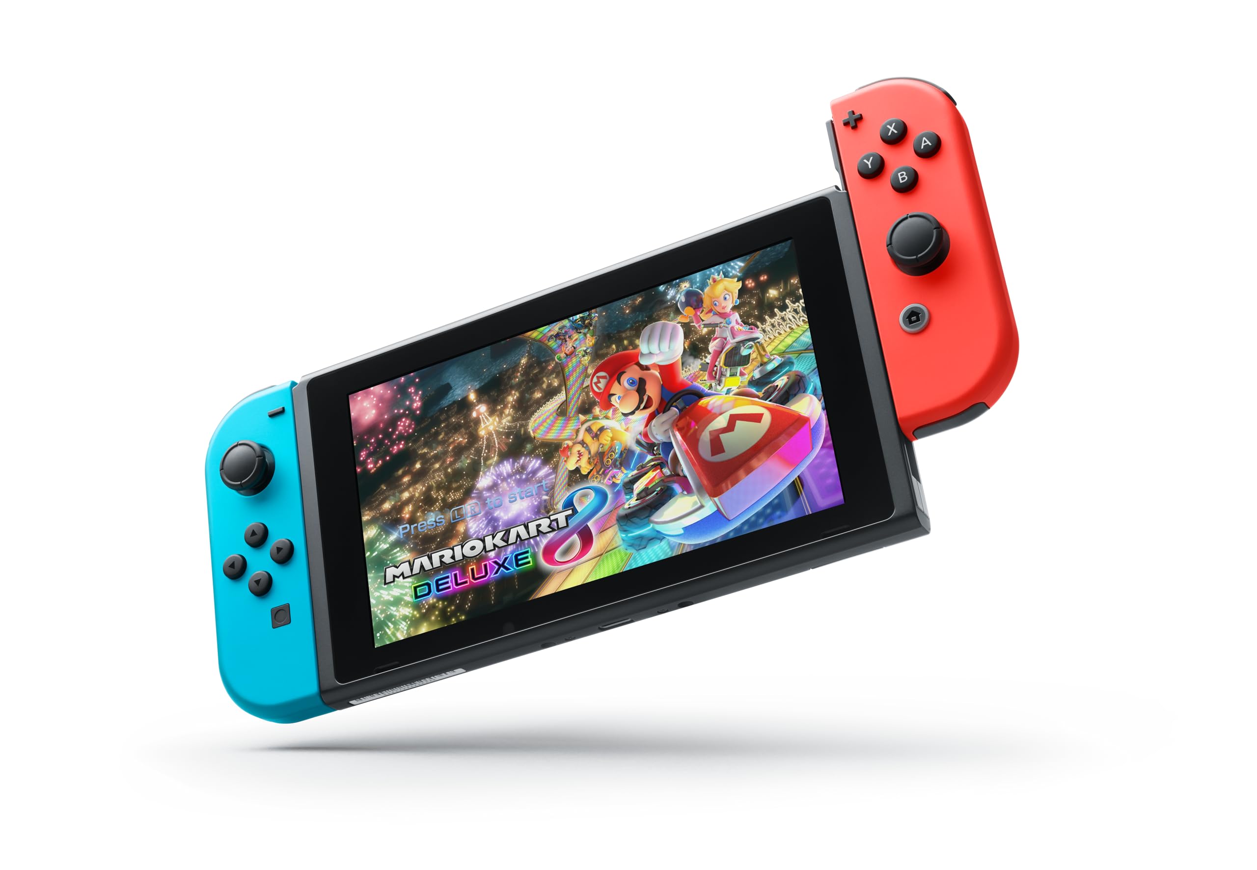 Nintendo Switch console deal showing Mario Kart Deluxe gameplay with blue and red Joy-Con controllers