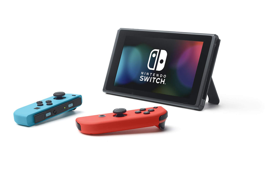 Nintendo Switch console deal featuring console with red and blue Joy-Con controllers and screen stand