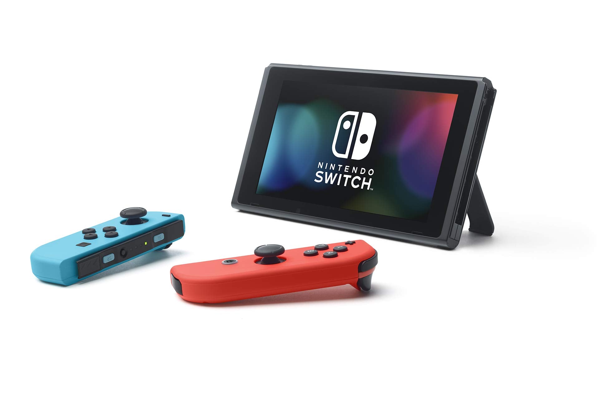 Nintendo Switch console deal featuring console with red and blue Joy-Con controllers and screen stand