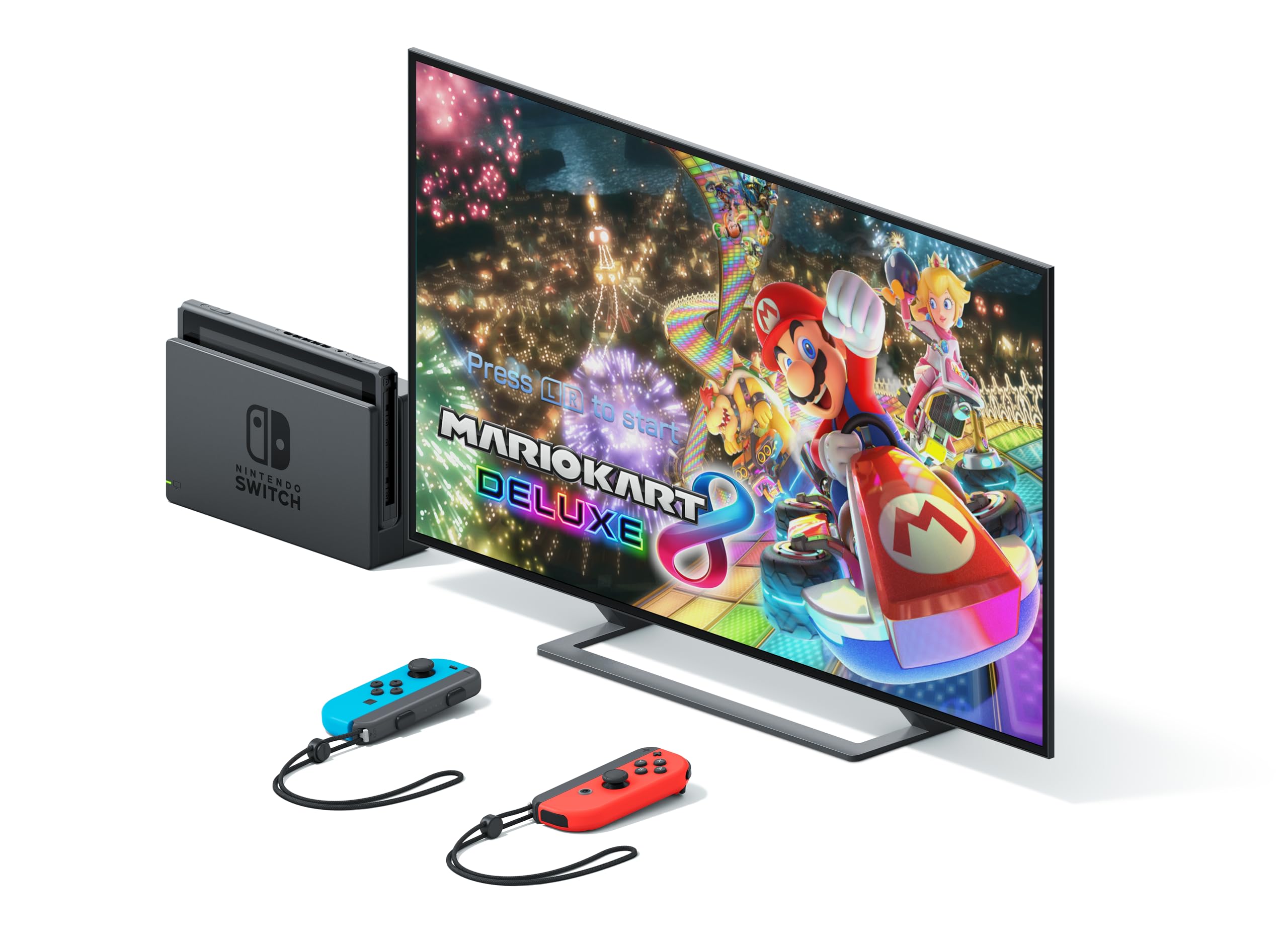 Nintendo Switch console deal with red and blue Joy-Con controllers and Mario Kart Deluxe 8 displayed on TV