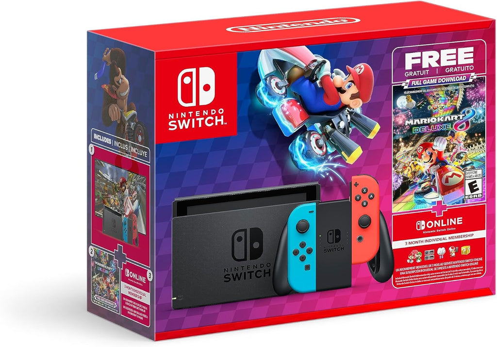Nintendo Switch Mario Kart bundle with console, neon red and blue Joy-Con controllers, and Mario Kart game