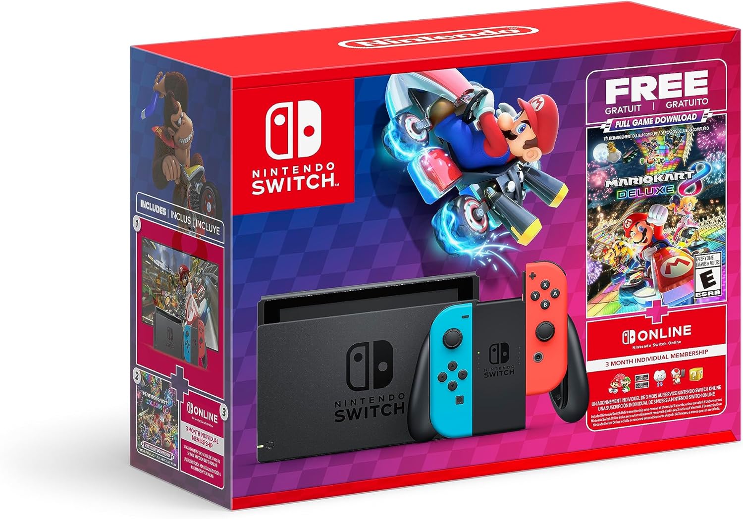 Nintendo Switch Mario Kart bundle with console, neon red and blue Joy-Con controllers, and Mario Kart game