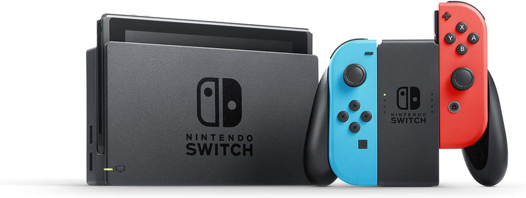 Nintendo Switch console with neon blue and red Joy-Con controllers Nintendo Switch Mario Kart bundle