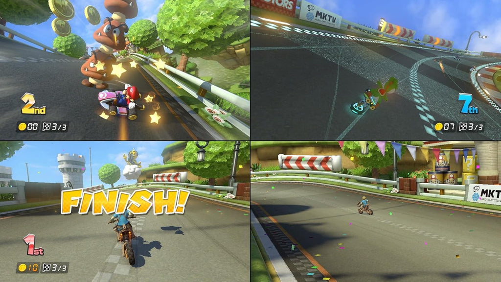 Nintendo Switch Mario Kart bundle gameplay scenes showing characters racing on colorful tracks with item use and position indicators