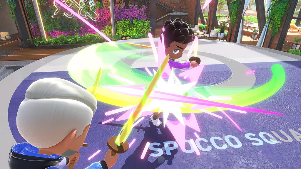 Animated characters sword fighting in vibrant arena from Nintendo Switch Sports game by craques