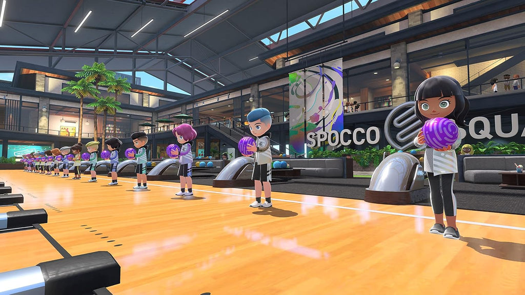 Players holding purple bowling balls in a virtual bowling alley from Nintendo Switch Sports game