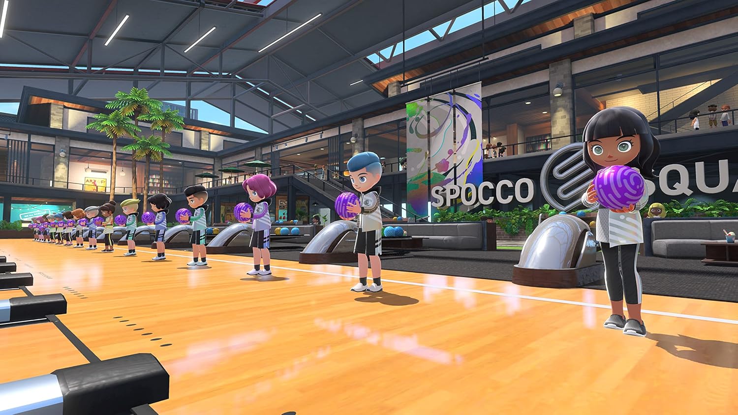 Players holding purple bowling balls in a virtual bowling alley from Nintendo Switch Sports game