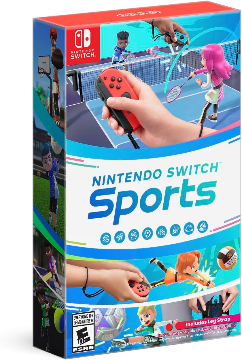 Nintendo Switch Sports game box featuring characters playing various sports with red Joy-Con controllers