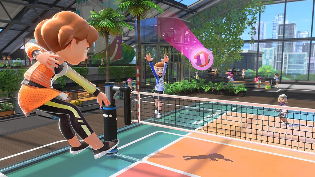 Nintendo Switch Sports game tennis match featuring animated characters playing on indoor court