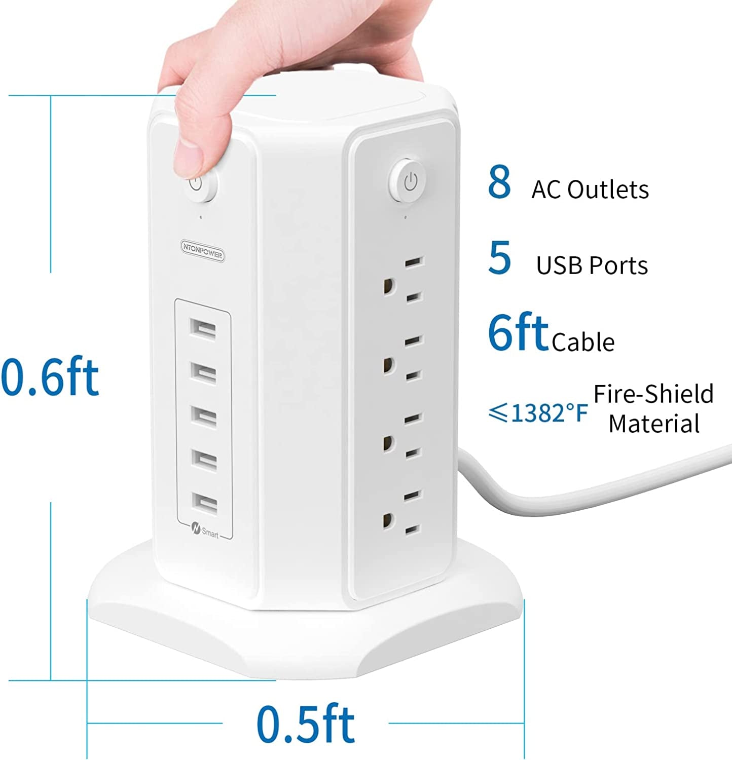 craques power strip tower with USB featuring 8 AC outlets 5 USB ports and 6ft cable in white