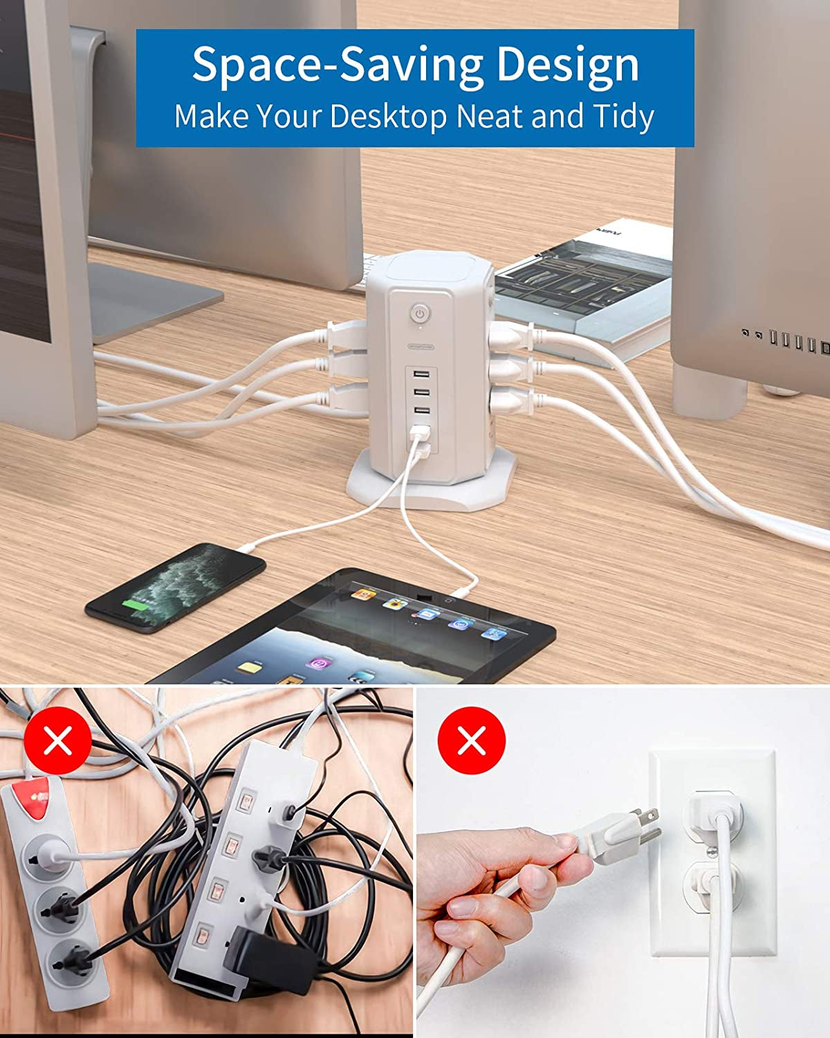 Craques power strip tower with USB in white on a desk with multiple devices plugged in for a space-saving design