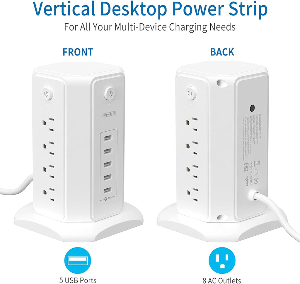 Craques power strip tower with USB featuring 5 USB ports and 8 AC outlets in a vertical desktop design
