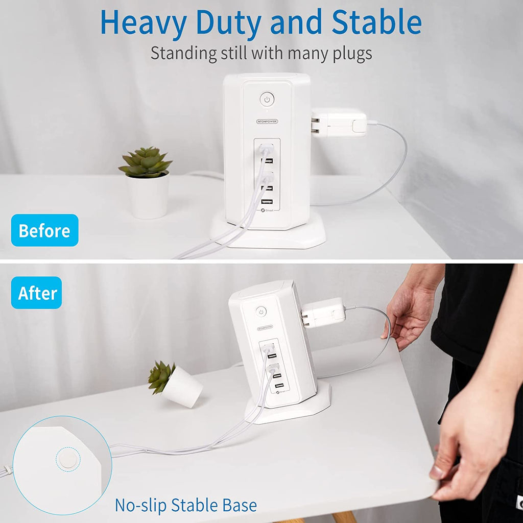 Craques power strip tower with USB showing heavy duty stability and no-slip base on white desk